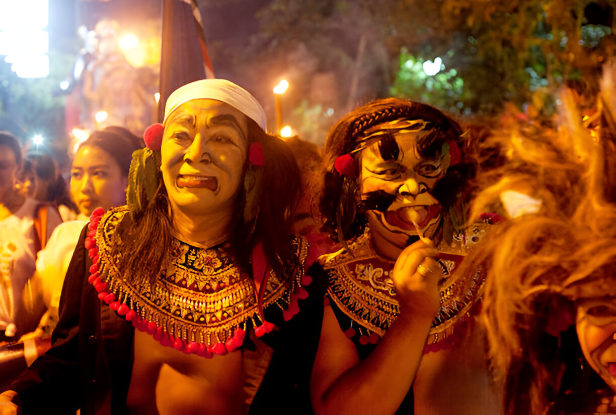 Local Balinese with Vibrant Traditional Costume at Ogoh Ogoh Parade